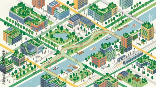 Sustainable Green City Concept: Isometric Illustration of an Eco-Friendly Urban Environment with Solar Panels, Green Roofs, Bicycle Paths, and Renewable Energy