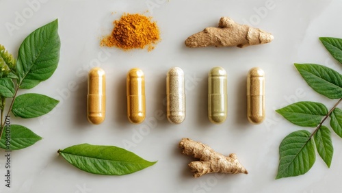 Natural herbal supplements and organic ingredients arranged in a clean flat lay composition. Featuring turmeric powder, ginger root, green leaves, and capsules on a white background, symbolizing alter