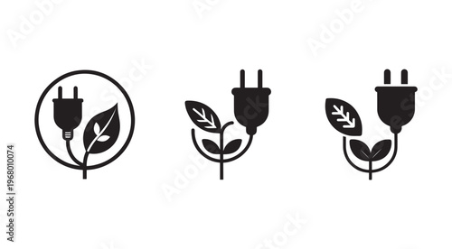 Electric plug with leaf eco friendly symbol set  green energy concept icons