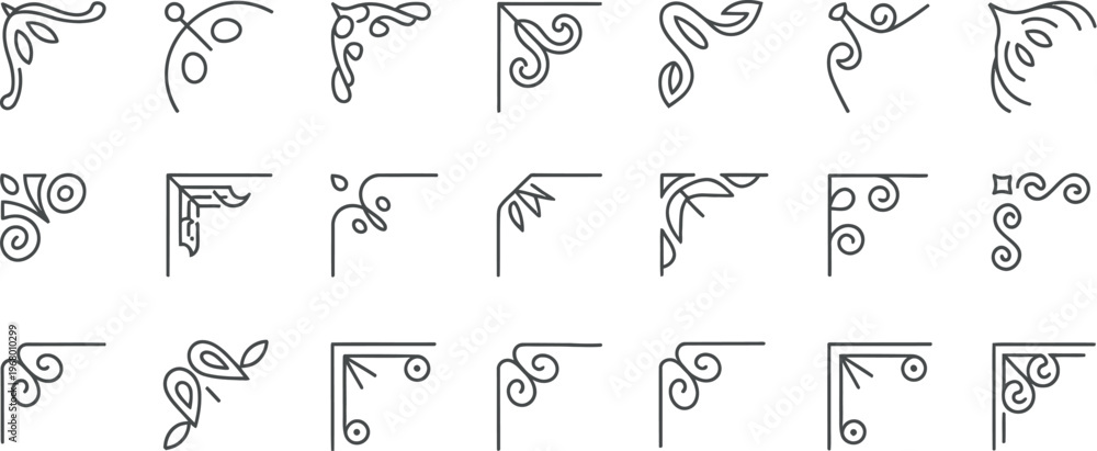 Fototapeta premium Minimal decorative corner ornament set for elegant frame designs, invitations, and borders in clean vector illustration style