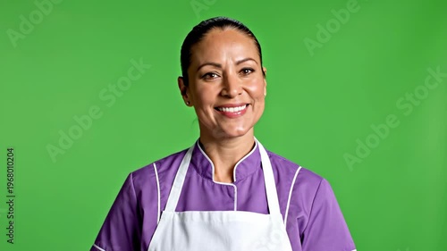 Smiling woman in purple chef uniform and apron against green background