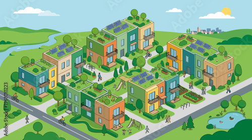 Sustainable Eco-Friendly Urban Neighborhood Illustration with Solar Panels and Green Roofs