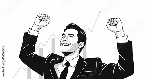 Happy businessman celebrating success with raised fists and rising growth chart background.