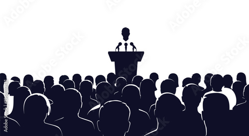 Speaker silhouette addressing a large audience from a podium with microphones, vector illustration design.