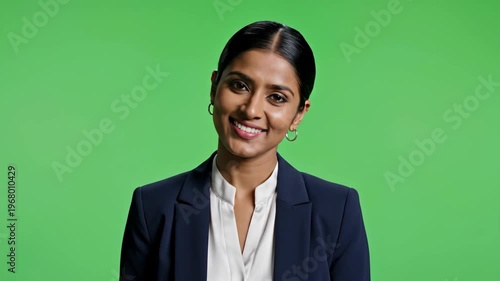 Professional businesswoman smiling confidently against vibrant green background