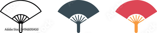Minimalist vector set of traditional Asian folding fan icons featuring outline, silhouette, and red flat color design styles for cultural and summer accessory projects.