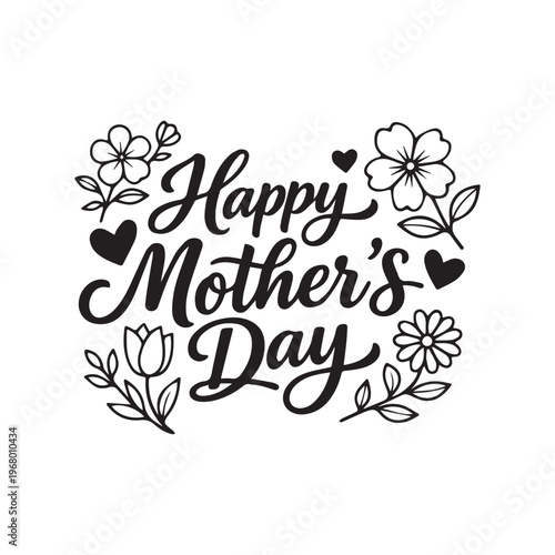 Happy Mother's Day Elegant Floral Typography Design with Flowers and Hearts
