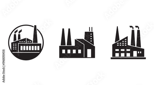 Factory icons set with industrial buildings and smokestacks  industrial architecture symbols  factory silhouettes