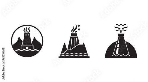Factory pollution icons set with smoke coming out of industrial chimneys and mountains in background  industrial pollution icons