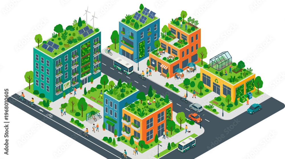 Fototapeta premium Isometric Green Sustainable City Illustration with Renewable Energy, Urban Farming, and Eco-Friendly Infrastructure