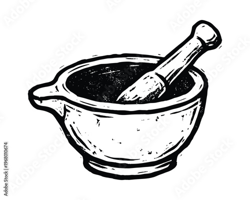 Mortar pestle simple drawing black white for grinding spices herbs isolated vector