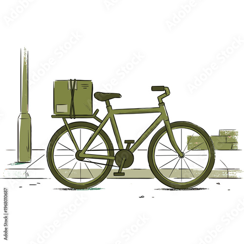 A bicycle with a delivery bag is parked on the sidewalk next to a tall pole and boxes.