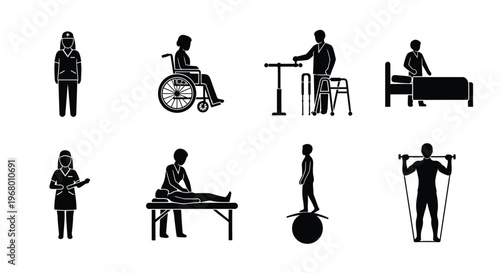 Vector illustration of medical care and physical therapy rehabilitation services for patients requiring assistance and exercise.