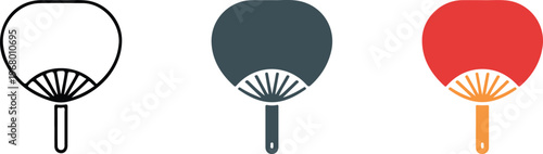 Minimalist vector set of traditional Asian folding fan icons featuring outline, silhouette, and red flat color design styles for cultural and summer accessory projects.