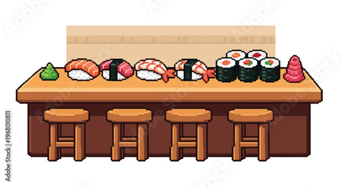 A pixel art vector illustration depicts a traditional sushi bar counter featuring various nigiri, maki rolls, wasabi, ginger, and four stools.