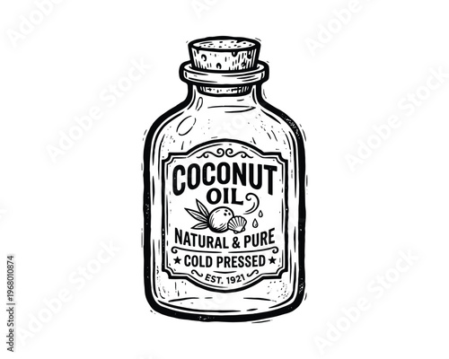 Natural product packaging design. cooking oil bottle sketch, label, stamp, or emblem. liquid container.