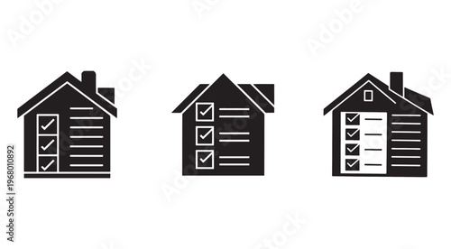 House icons with checklists on doors and walls for real estate and property concepts  simple black and white illustrations