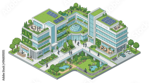 Modern Sustainable Eco-Friendly Corporate Headquarters Isometric Illustration with Green Roofs, Solar Panels, and Urban Garden