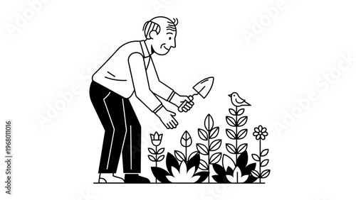 Elderly Man Gardening with Trowel Vector Illustration