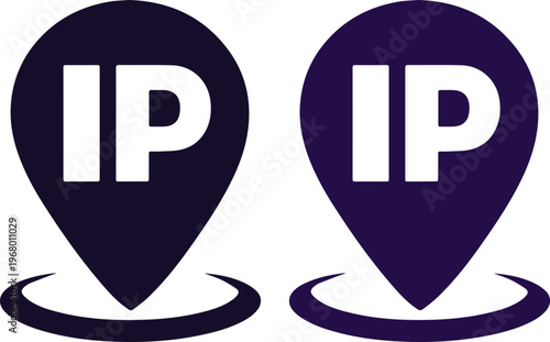 IP address location pin icon, dark purple geolocation marker, internet protocol symbol, digital network security and privacy vector graphic