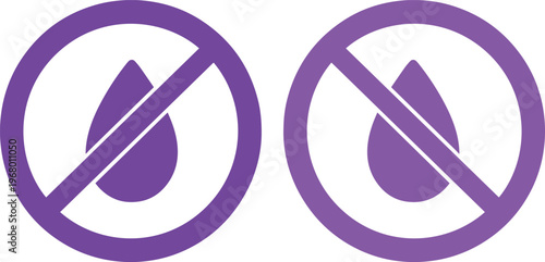 No Water Drop Icon, purple prohibition symbol for liquid restriction, waterproof or non-liquid use, vector graphic element for product labeling and safety warnings