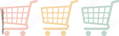 Minimalist shopping cart vector icons, a set of three pastel-colored e-commerce symbols for online retail, digital marketing, and web design projects