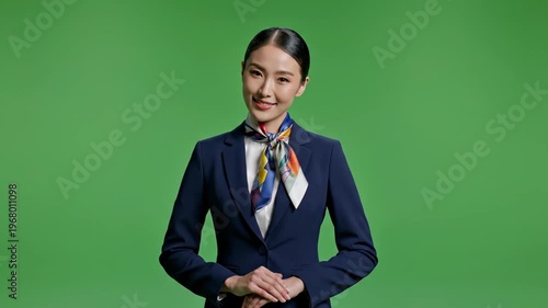 Professional businesswoman smiling in formal attire against green background