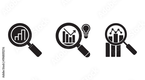 Magnifying glass icons with graphs and charts for business analysis and research  financial data visualization tools