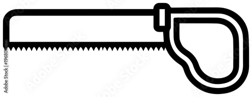 Minimalist black line icon of a coping saw detailed tool illustration with handle and serrated blade for diy and construction projects