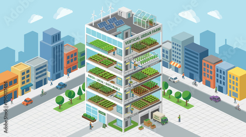 Isometric Illustration of a Sustainable Vertical Urban Farm Building with Solar Panels and Wind Turbines in a Modern Smart City