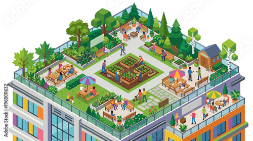Isometric Illustration of a Modern Rooftop Garden and Urban Farm with People Gardening, Relaxing, and Dining on a Green Building Top