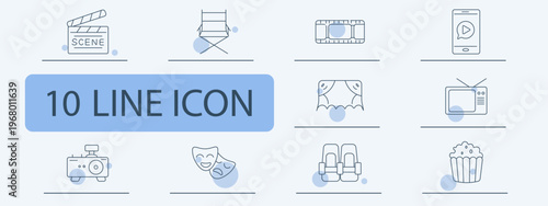 Cinema production set icon. Clapper chair film strip mobile video stage screen camera masks tickets popcorn entertainment movie equipment viewing.