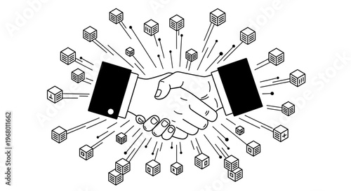 Blockchain technology partnership and digital smart contract handshake vector.
