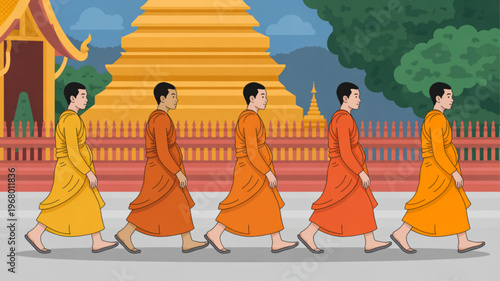 Buddhist monks walking in a procession near a golden temple wearing orange and yellow robes