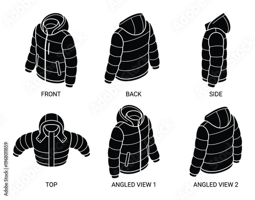 Outline black icon set of puffer jacket in front, back, side, top, and angled views