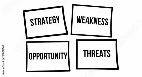SWOT analysis concept with strategy, weakness, opportunity, and threats on sticky notes.