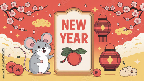 Cartoon mouse celebrates new year with cherry blossoms lanterns and fruits on vibrant red background