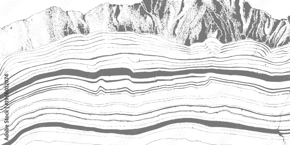 Fototapeta premium Abstract monochrome texture with flowing wavy distortion lines across the top and dense cracked, rocky patterns below, resembling eroded terrain or seismic layers, distressed grunge style background.