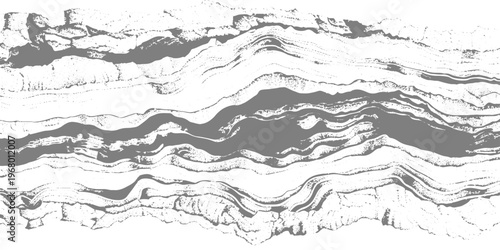 Abstract monochrome texture with flowing wavy distortion lines across the top and dense cracked, rocky patterns below, resembling eroded terrain or seismic layers, distressed grunge style background.