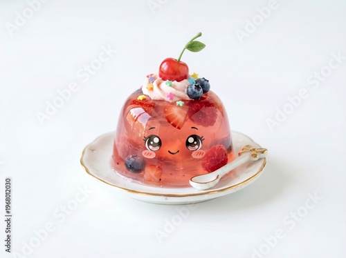 chibi jelly dessert, white background
