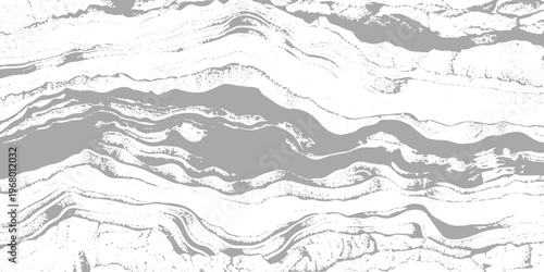 Abstract monochrome texture with flowing wavy distortion lines across the top and dense cracked, rocky patterns below, resembling eroded terrain or seismic layers, distressed grunge style background.