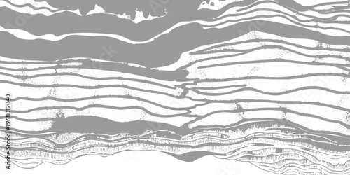 Abstract monochrome texture with flowing wavy distortion lines across the top and dense cracked, rocky patterns below, resembling eroded terrain or seismic layers, distressed grunge style background.