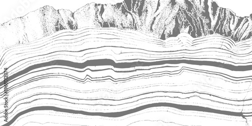 Abstract monochrome texture with flowing wavy distortion lines across the top and dense cracked, rocky patterns below, resembling eroded terrain or seismic layers, distressed grunge style background.