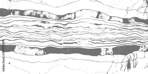 Abstract monochrome texture with flowing wavy distortion lines across the top and dense cracked, rocky patterns below, resembling eroded terrain or seismic layers, distressed grunge style background.