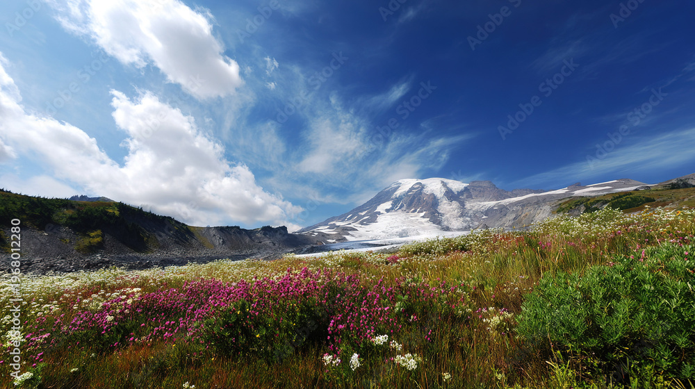 Fototapeta premium Wildflowers in Mountain Meadow Under Blue Sky