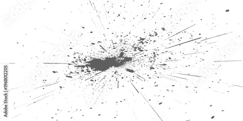 Black ink splatter burst on white background, radial splash, high contrast, minimal, abstract texture vector illustration.