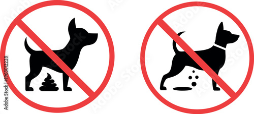 No dog poop and no pissing dog signs in circular design for public spaces and dog owner awareness vector illustration