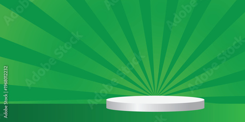 Green minimal background with central podium and radial light rays for clean product presentation.