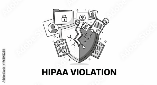 HIPAA Violation and Healthcare Data Breach Concept with Broken Shield Icon