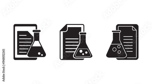 Science laboratory research documents and beakers icons set  laboratory research documents and beakers icons